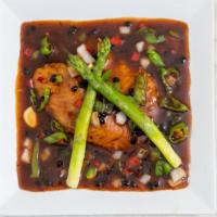 Hunan Fish · Mild spicy. Pan seared fillet red snapper with asparagus in black bean sauce, mild spicy.
