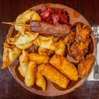 Pu Pu Platter (For 2) · Includes two eggrolls, four chicken fingers, two beef sticks, four chicken wings, boneless s...