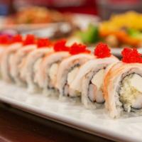 Red Sox Maki · Cooked shrimp, cream cheese, crunchy inside crabmeat and red tobiko on top.