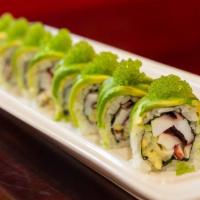 Celtics Maki · Spicy octopus and cucumber inside avocado and wasabi tobiko on top.