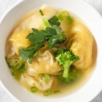 Wonton Soup · Ground chicken wrapped in wonton skin with bokchoy and scallions in clear broth.