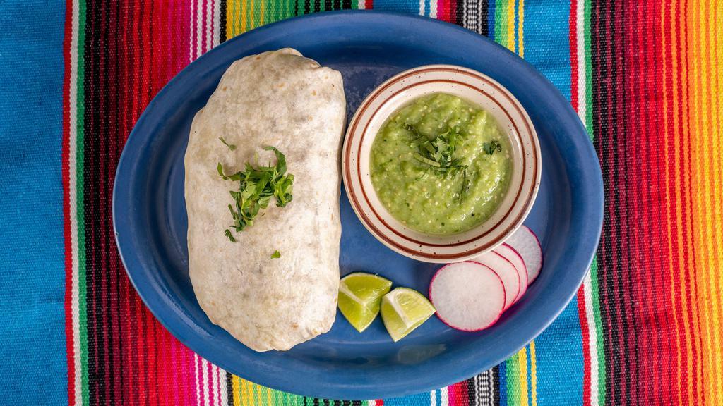 Burritos · All burritos are wrapped in a flour tortilla and are stuffed with onion, cilantro, choice of beans, choice of rice, and choice of protein, lime, and radish. Any burrito can be made into a ‘bowl’ without the flour tortilla.