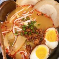 Spicy Miso Ramen · Miso base in pork broth with chili oil, spicy ground pork, bean sprouts, bamboo, wood ear, e...