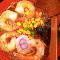 Shrimp Lover Ramen  · Cooked Jumbo Shrimp with shoyu base in chicken broth, beansprouts, wood ear, black mushroom,...