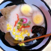 Tonkotsu Ramen · Tonkotsu base in pork broth, corn, wood ear, fish cake, red ginger, egg, sliced pork, scalli...