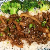 Beef Bulgogi  · Stir fried beef with white onion, scallion, and broccoli over steamed rice