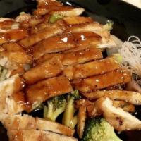 Chicken Teriyaki  Dinner · Broccolis carrots and onion with teriyaki sauce on top. served with miso soup salad and whit...
