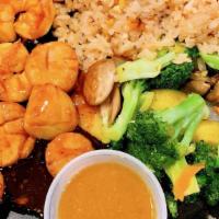 Hibachi Scallop (9 Oz) · Served with soup salad fried rice and garden fresh vegetables.