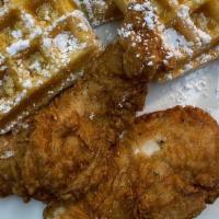 Chicken Waffles · One belgian waffle with golden brown chicken tenders