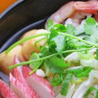 Seafood Noodle Soup · Choice of noodle, thin egg noodle, flat rice noodle, Udon noodle.