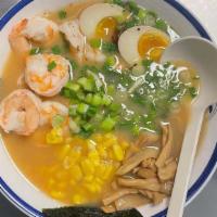 Shrimp Miso Ramen · Miso broth, shrimp, fish cake, corn, bamboo, bean sprouts