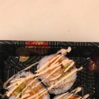 Shrimp Tempura Roll (6) · Rice, tempura shrimp, vinegar, soy sauce, wasabi, avocado, cucumber, nori, spicy mayo, fish ...