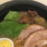 Pork Ramen Noodles · Ramen noodles, Braised pork, Beef broth, Ramen miso sauce, green veggie (spinach), kanikawa,...