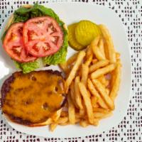Bacon Cheese Burger · On brioche bun, lettuce tomato, onion French fries.
