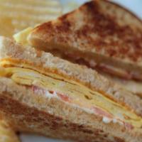 Sunrise Sandwich Without Meat · Scrambled eggs, tomato, cheddar, mayo, grilled