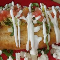 Chimichangas · A flour tortilla stuffed with Mexican rice, beans, cheese, and your choice of meat deep frie...