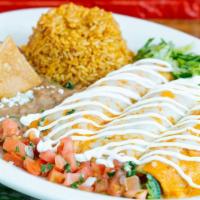 Enchiladas · Corn tortillas stuffed with your choice of meat smothered with your choice of sauce and melt...