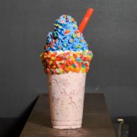 Fruity Pebbles Shake · The ultimate cereal shake. Prepared with vanilla ice cream and berry flavors equivalent to t...