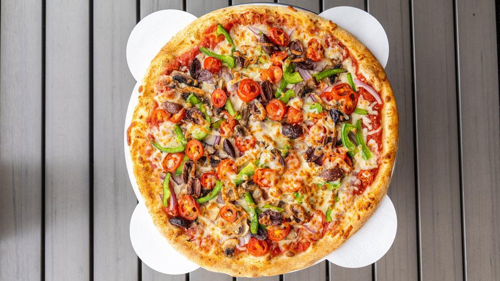 Green Hill  · Mozzarella cheese, tomatoes, mushroom, red onions, olives, and green peppers. Red Sauce Base