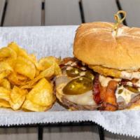 Fiery Burger · Layered with bacon, jalapeno peppers, onion rings. provolone cheese, and our house-made Caju...