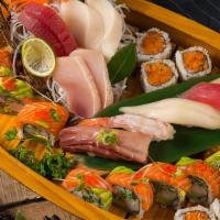 Sushi Love Boat For 2 · 18 pcs. sushi, 1 California roll & 1 spicy tuna roll.