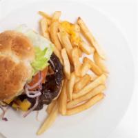 Burger · 8 oz. fresh ground beef. Served with lettuce, tomato, onion and french fries or coleslaw.