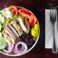 Greek Chicken Salad · Grilled chicken, tomato, cucumber, red onion, kalamata olives, feta cheese, pepperoncini.