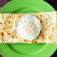 Early Riser Crepe · Egg cheddar cheese, bacon, topped with an over easy egg.