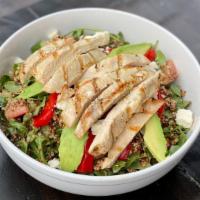 Quinoa & Chicken · arugula, red quinoa, grilled chicken, cucumbers, tomatoes, avocado, bell peppers, feta chees...