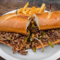 Philly Cheesesteak · Ribeye trimmed and thinly sliced with sweet onions, peppers, mushrooms, cheese, piled on a F...