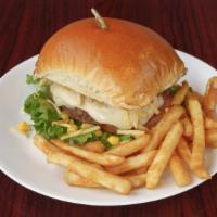X-Burger · 100% beef patty, cheese, lettuce, tomato, sweet corn, potato sticks, and mayo.