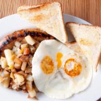Tipsy Breakfast · Two Eggs, Choice of breakfast meat, Choice of Potatoes or grits, choice of toast.