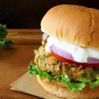 Veggie Burger (Vegetarian) Vegan Option · Beyond patty, lettuce, tomato, caramelized onions, Melted Swiss, blue cheese dressing, pickl...