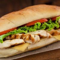 Grilled Chicken Sub · Pesto marinated grilled chicken breast, Swiss cheese honey mustard, lettuce, tomato and red ...
