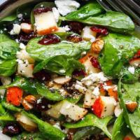Spinach Feta Salad With Protein · Fresh baby spinach, dried cranberries, raw red onions, crumbled feta. served with house made...