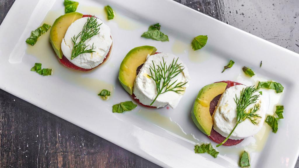Beets & Cheese · Fresh sliced beet, served with dill, avocado and goat cheese.