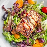 Fig Garden Salad · Mixed spring mix, cherry tomatoes, grabs, mandarin, fig, roasted walnuts, grilled halloumi c...
