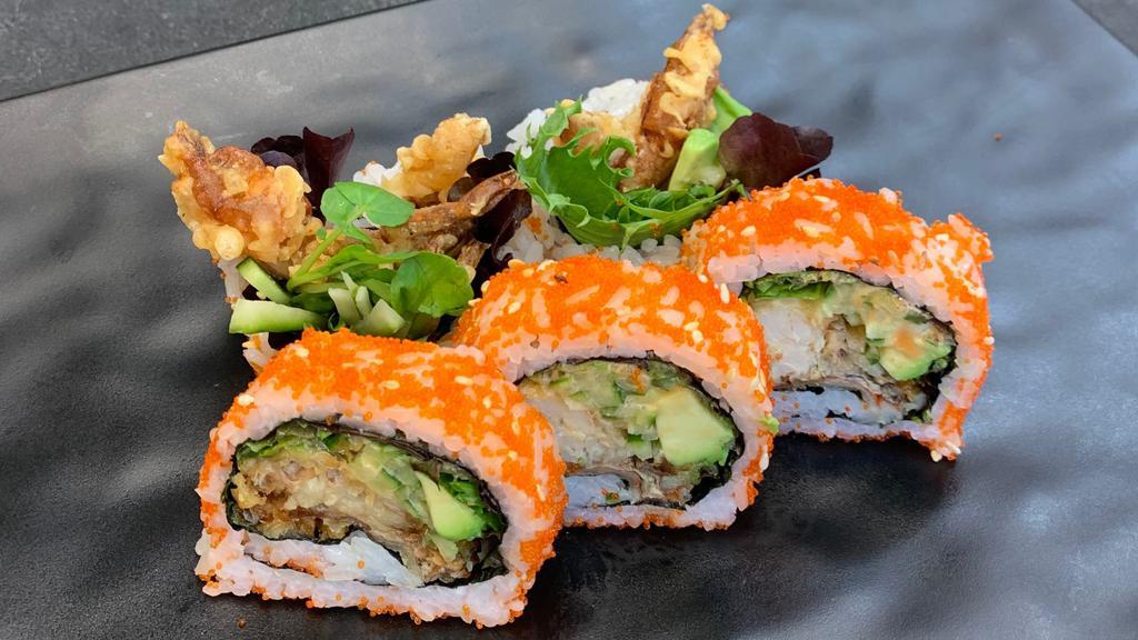 Cs11. Spider Maki (5 Pcs) · Soft shell crab, cucumber, avocado and lettuce inside out roll with masago, then drizzle spicy mayo and eel sauce on top