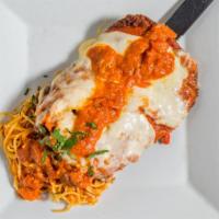 Chicken Parmigiana · Served with spaghetti.