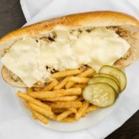 Chicken Cheesesteak · American cheese, fried onion. Served with fries.
