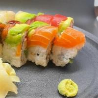 Rainbow Roll · 8 Piece. Tuna, Salmon, Hamachi, Avocado, Eel on Outside. Jumbo Lump Crab & Cucumber on Inside