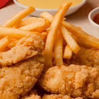 Chicken Fingers (4 Pieces) With Fries · Chicken Breast Served  with Fries and sauce of your choice. Honey Mustard or BBQ Sauce