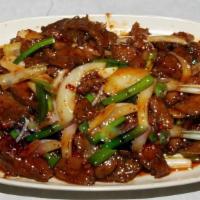 Shredded Beef Szechuan Style · Spicy. Served with rice. Hot and spicy.