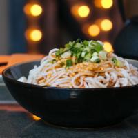Sichuan Cold Chili Noodles · flour lo-mein style noodles tossed with chili oil, soy sauce, and crushed peanuts, topped wi...