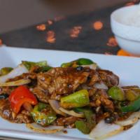 Fermented Black Bean Dish · Sauteed with fermented black bean sauce, red and green bell peppers, and onions. 
spice: 0/5...