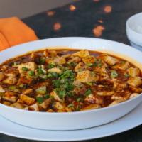 Vegetarian Mapo Tofu · silken tofu in a spicy broad bean sauce with Sichuan peppercorn powder and leeks - spice: 2 ...