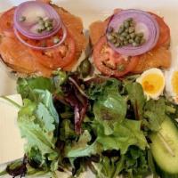 Norwegian Smoked Salmon & Bagel · With caper berries, tomatoes, boiled egg, salmon caviar, English cucumber, sliced red onion,...