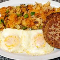 Two Eggs, Home Fries Or Grits With Meat · Include toast.