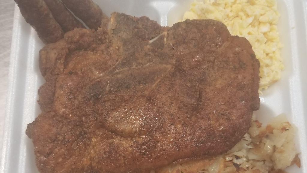 Pork Chop · Served with home fries or grits.  Well seasoned  fried end cut pork chop. Include toast.