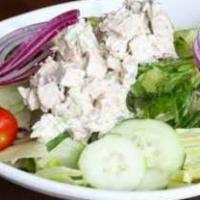 Chicken Salad · Choice of mixed greens or kale topped with onions and two scoops of chicken salad.